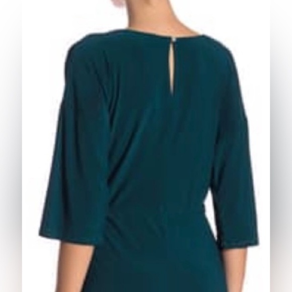 SuperFoxx Teal Faux Wrap pleated front stretch 3/4 sleeve jumpsuit - Picture 3 of 17